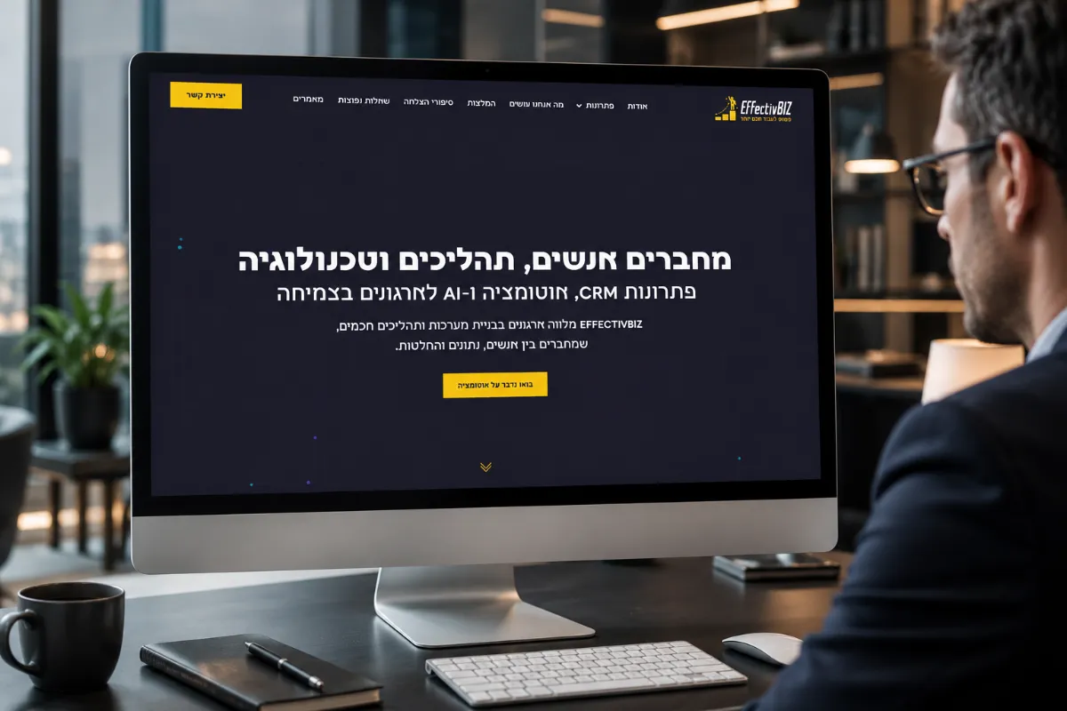 אתר EffectivBIZ, פתרונות אוטומציה ו-AI לארגונים, בתצוגת מסך שולחני (1 מתוך 5)